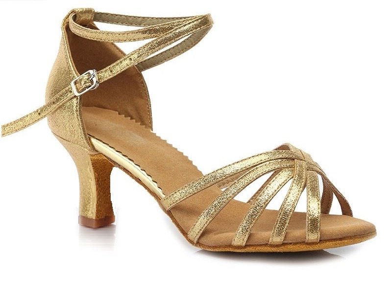 Latin Salsa Dames Dansschoenen in Licht goud glitter satijn met een 7 cm hak